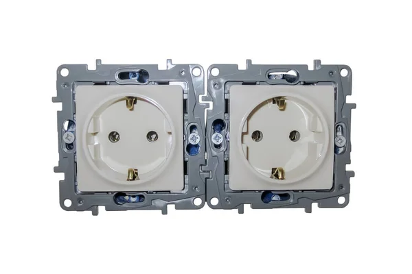 Kapağı olmayan çift elektrik prizi. Rengi fildişi. Cezalı. İzole edilmiş