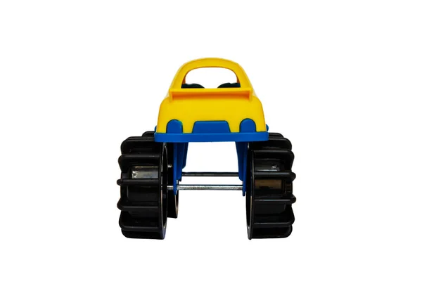 Dzieci żółty plastikowy samochód zabawki na białym tle — Zdjęcie stockowe