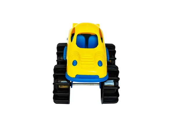Crianças amarelo brinquedo de plástico carro em um fundo branco — Fotografia de Stock