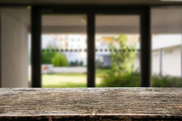 Wooden Brown Table Top Blurred Corridor Passage Courtyard House Product — Stock Photo, Image