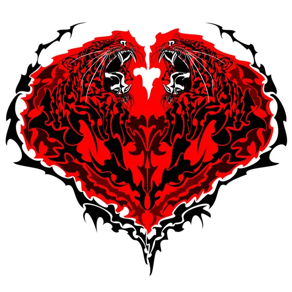 Red tiger heart. Two roaring heart-shaped tigers. Vector art illustration, isolated on white background.