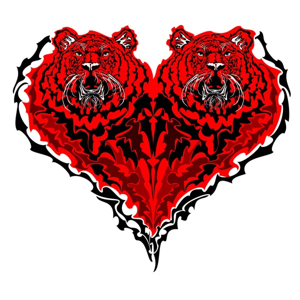 Red tiger heart. Two heart shaped tigers with open mouth. Vector art illustration. Isolated on white background.