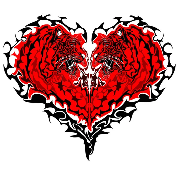 Red tiger heart. Two heart shaped tigers looking at each other with open mouth. Vector art illustration. Isolated on white background.