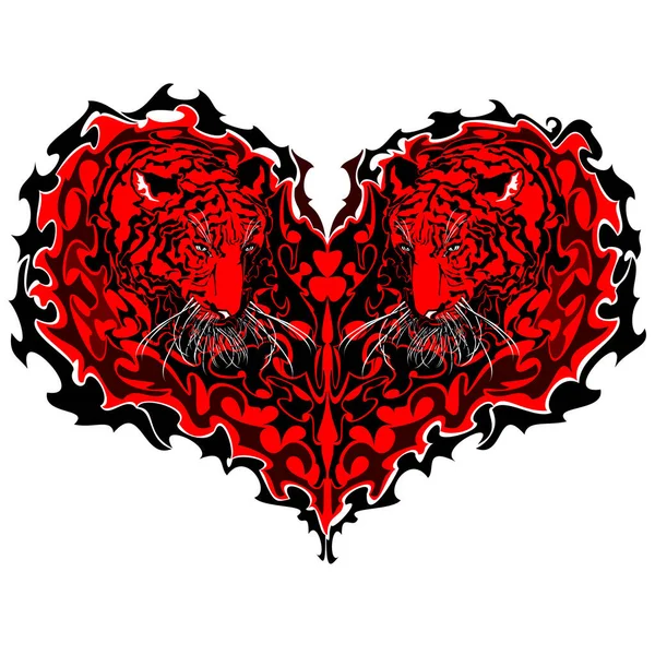 Tiger heart. Two heart shaped tigers looking down. Vector art illustration. Isolated on white background.
