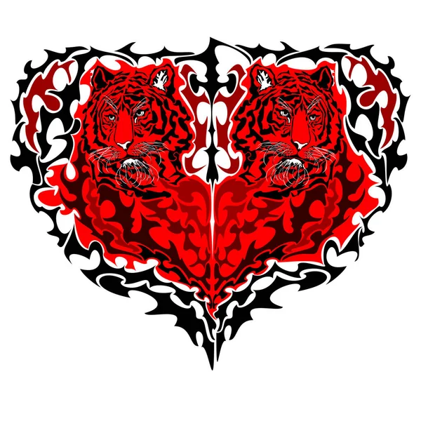 Red tiger heart. Two heart shaped tigers looking in different directions. Isolated on white background. Vector art illustration.