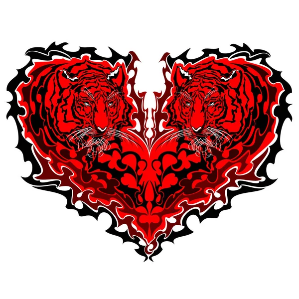 Tiger Heart Two Heart Shaped Tiger Heads Vector Art Illustration — ストックベクタ