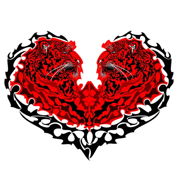 Red tiger heart. Two heart shaped tigers looking at each other. Vector art illustration. Isolated on white background.