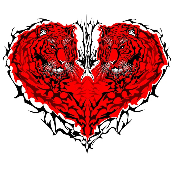 Red Tiger Heart Two Heart Shaped Tigers Looking Distance Vector — Vector de stock