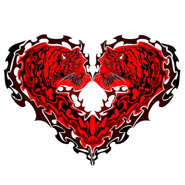 Tiger heart. Two heart shaped tigers opposite each other. Vector art illustration. Isolated on white background.
