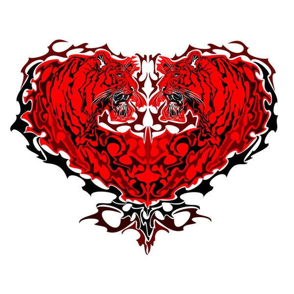 Tiger heart. Two heart shaped tigers moving towards each other. Isolated on white background. Vector art illustration.