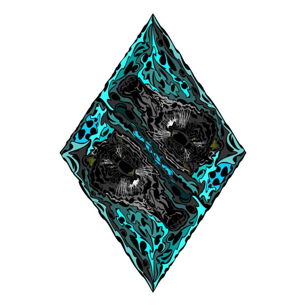 Elmas şekilli iki siyah kaplanın vektör çizimi. Durup birbirlerine bakıyorlar. Rhombus sanatı. Beyaz arkaplanda izole.