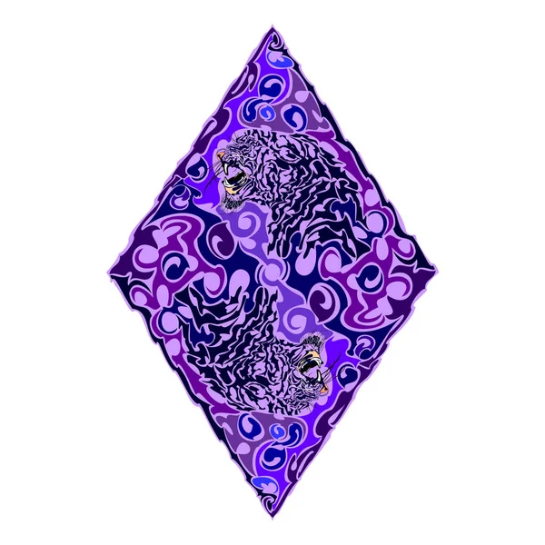 Elmas şekilli kızgın kaplanların kükreyen dişlerini açık ağızlarda göstererek başlarını döndürmelerinin vektör çizimi. Rhombus sanatı. Beyaz arkaplanda izole.