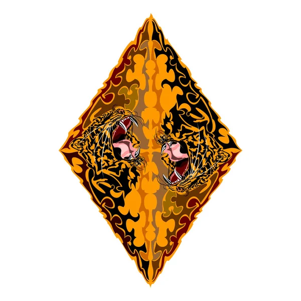 Elmas şekilli kaplanların kükreyen dişlerini ve dillerini açık ağızlarda gösteren vektör çizimi. Rhombus sanatı. Beyaz arkaplanda izole.
