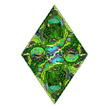 Elmas şekilli dekoratif elementlere ve farklı yönlere bakan siyah kaplan kafalarına sahip yeşil eşkenar dörtgen. Rhombus sanatı. Beyaz arkaplanda izole.