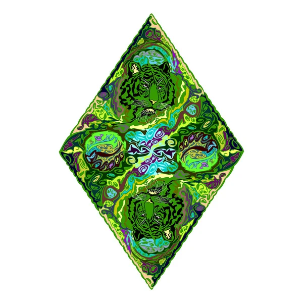 Elmas şekilli dekoratif elementlere ve farklı yönlere bakan siyah kaplan kafalarına sahip yeşil eşkenar dörtgen. Rhombus sanatı. Beyaz arkaplanda izole.