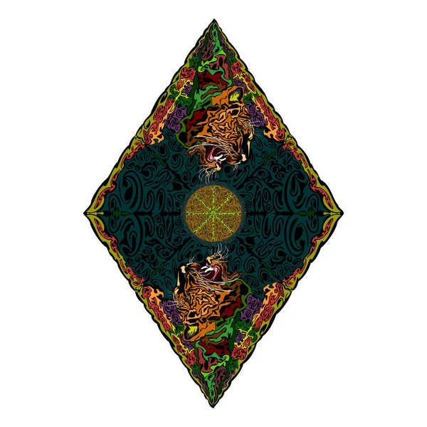 Elmas şekilli kaplan başları ve soyut süslemeleri olan Rhombus. Rhombus sanatı. Beyaz arkaplanda izole.