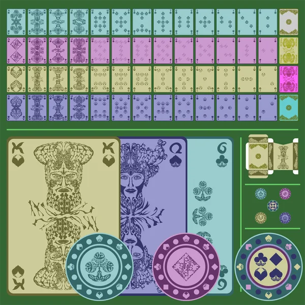 Poker seti: tam kart destesi, kumarhane fişleri, kart sıkıştırma şablonu. Doğulu peri masalı süsleri. Vektör seti.
