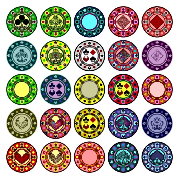 Poker fişleri ve takım elbiseli poker fişleri. Doğulu peri masalı tarzı. Vektör illüstrasyonu beyaz arkaplanda izole edildi.