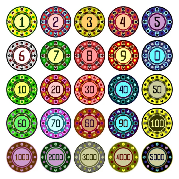 Kumarhane paraları, üzerinde numaralar ve takım elbiseler var. Beyaz arkaplanda izole edilmiş sikkelerin, jetonların veya çiplerin vektör illüstrasyonu.