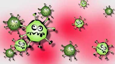 Coronavirus mikropları kırmızı zemin üzerinde hareket ediyorlar. .