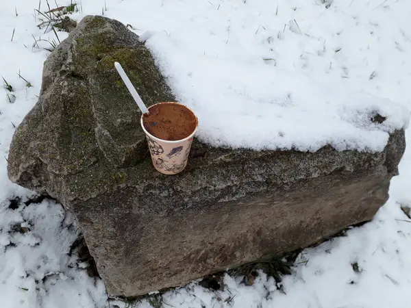 Portatif bir gaz ocağında, kış ormanlarında aromatik doğal tahıl kahvesi dolu bir turist çanağında, kar kaplı ağaçlar ve kışın yosun kaplı granit taşlar arasında mobil bir hazırlık.