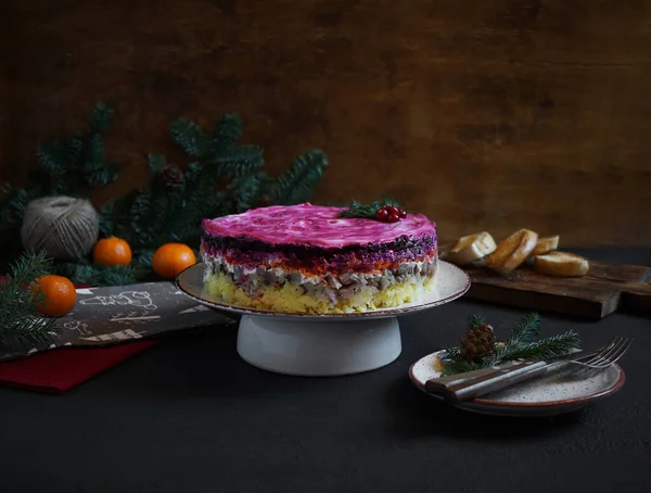 Kürk mantonun altında ringa salatası. Ringa, pancar, patates, havuç ve yumurtadan geleneksel Rus çoklu salatası. metin için yer.