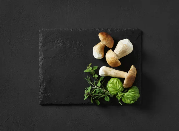 Porcini mantarları ve bir demet mis kokulu otlar koyu bir arka planda uzanıyorlar, üst manzara, kopyalama alanı