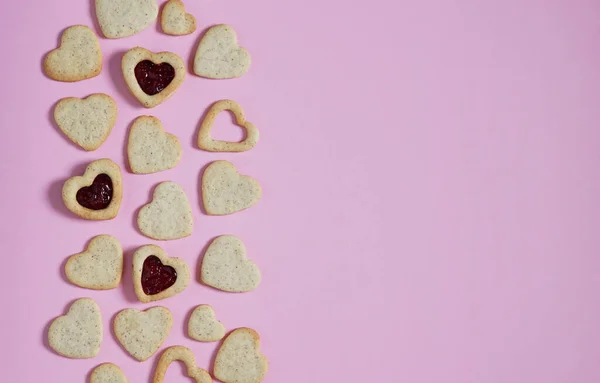 Heart Shaped Cookies Valentine Day Pink Table Top View Copy — Stock Photo, Image
