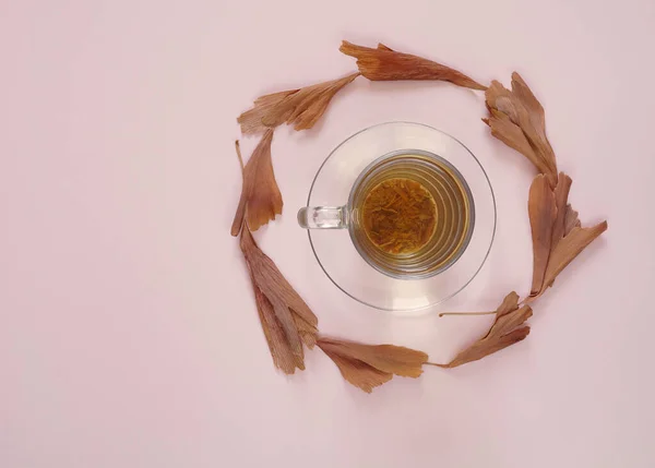 Kurumuş sarı gingko biloba yapraklı pembe arka planda bir bardak çay. kopyalama alanı. en üstteki görünüm