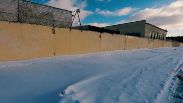 Old Soviet Prison Winter High Fence Barbed Wire Snow — стоковое видео