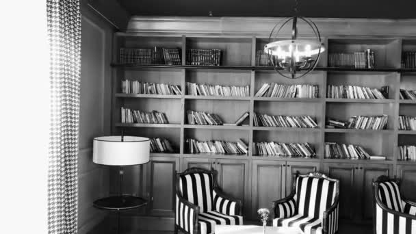 Retro Library Lots Books Long Book Wall Reading Chairs — Wideo stockowe