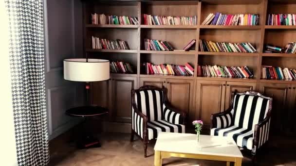 Retro Library Lots Books Long Book Wall Reading Chairs — Stock Video