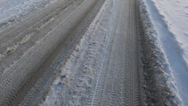 Winter Road Tire Tread Marks Lot Snow Road — стоковое видео