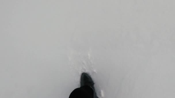 在多雪的森林里走小路 在雪地里穿鞋穿裤 在寒冷的天气里踩着厚厚的雪 — 图库视频影像
