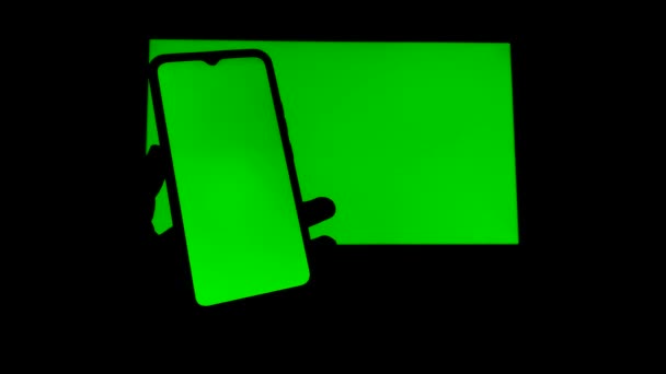 Chroma Key Electronic Devices Phone Monitor Green Screen Hand Scrolling — Stock Video