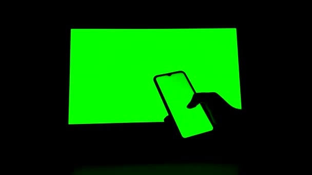 Chroma Key Electronic Devices Phone Monitor Green Screen Hand Scrolling — Stock Video