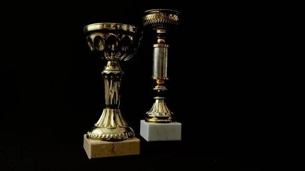 Gold Silber Bronzemedaillen Und Pokale Auf Schwarzem Hintergrund Zahlreiche Bedeutende — Stockfoto