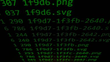 Hacker dosya kontrollü bilgisayar monitörü. Sunucuda veritabanı içeriği olan siyah ekrandaki yeşil metin