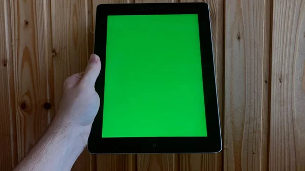 Chroma Key Electronic Devices Phone Monitor Green Screen Hand Scrolling — Stock Photo, Image