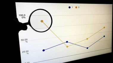 Bir ofis çalışanı, iş arkadaşlarına şirketin bilgisayarında bir şirket geliştirme grafiği içeren bir sunum gösteriyor.