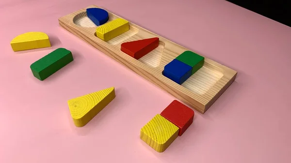 Wooden Colorful Game Geometric Shapes Development Children Kindergarten — Stock Photo, Image