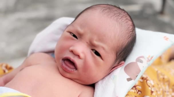 Der Ausdruck Eines Neugeborenen Jungen Der Sich Auf Der Terrasse — Stockvideo