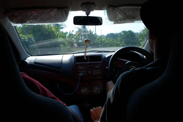 Lampung Indonésia 202 2022 Vista Dentro Carro Motorista Dirigindo Carro — Fotografia de Stock