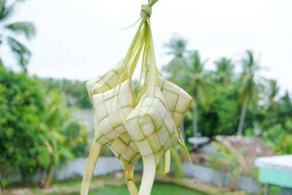 (Ketupat, festival sezonunda bölgesel bir uzmanlık alanıdır. Hindistancevizi yapraklarından yapılmış doğal pirinç kabuğu ketupatı. Bokeh ya da bulanık arkaplan.