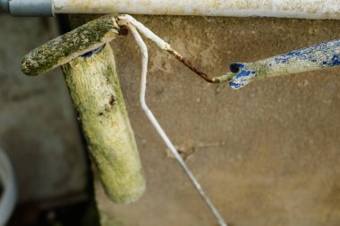 Kirli ve yosunlu kullanılmış boya fırçası desenli bir arka planda izole edilmiş.