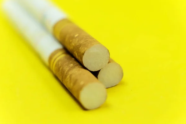 Set Kretek Filter Cigarettes Isolated Yellow Background Disease Cancer Addictive — Stock Photo, Image