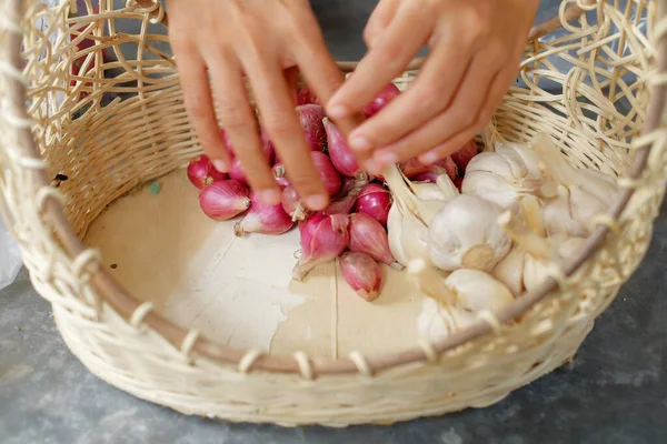 Mano Mujer Recogiendo Verduras Una Cesta — Foto de Stock