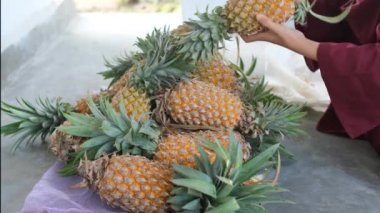 Kadınlar taze ananası meyve pazarından seçerler. Ananas kadının elinde..