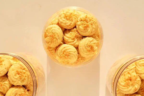 Cheese sago cake in a glass jar on the table