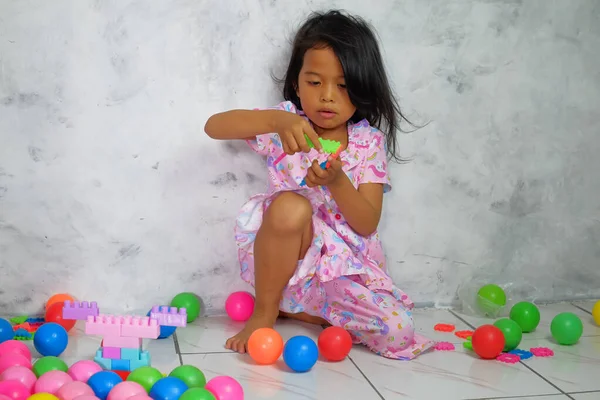 Portrait Little Girl Playing Colourful Balls House — Stock Photo, Image